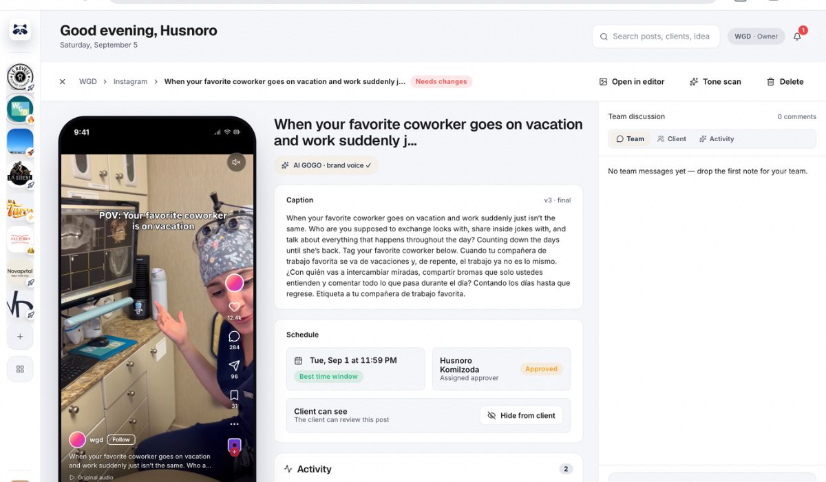 Social media agency team using AI to generate and refine content for multiple client accounts.